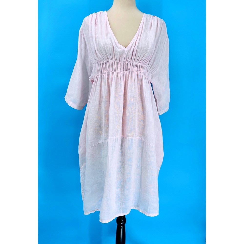 Made in Italy Pink 100% Sheer Linen‎ V-Neck Empire Waist Dress 3/4 Sleeve
